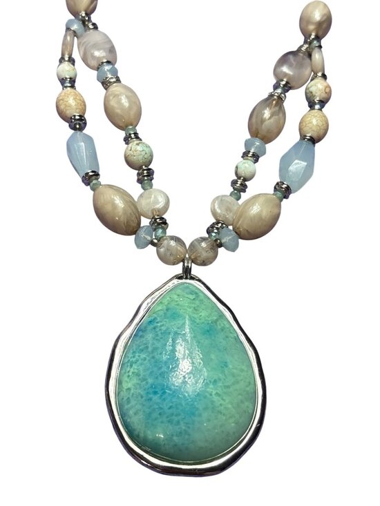Chico's Jewelry - Chico's Plastic Beaded Statement Necklace Teardrop Pendant Silvertone 18-22 inch